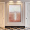 Sunbeams on the Sea-Minimalist Landscape Oil Painting: Warm Brown Tones, Calm Sea & Distant Mountains
