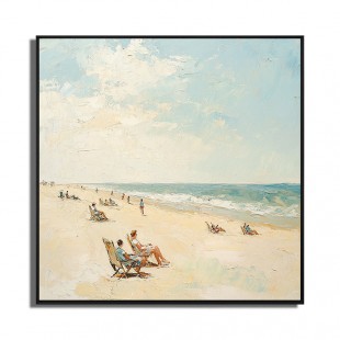 Sunny Beach Escape: Coastal Beach Scene Oil Painting - Vibrant Seaside Art with Figures, Relaxing Decor for Living Rooms