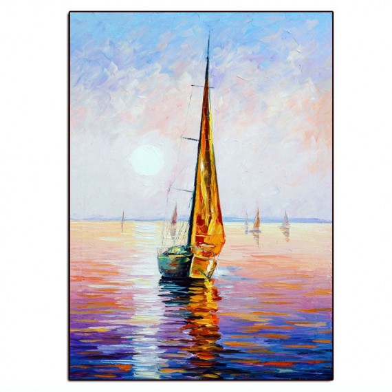Sunset on the Sea-Sailboat Sunset Seascape Oil Painting - Nautical Art for Home Decoration
