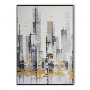 Tempo of the City-abstract City Skyline Oil Painting with Gold Accents - Modern Black White Gray Urban Wall Art