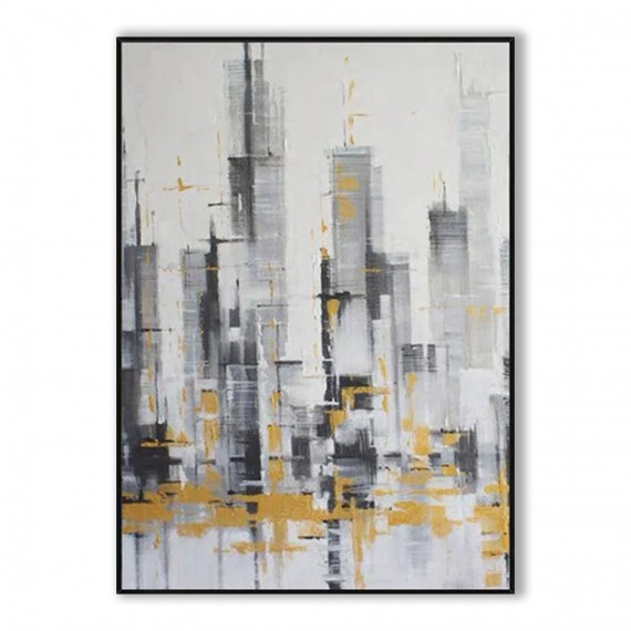 Tempo of the City-abstract City Skyline Oil Painting with Gold Accents - Modern Black White Gray Urban Wall Art