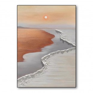 Textured Coastal Sunset Oil Painting - Neutral Toned Seaside Landscape 3D Wave Contemporary art for Home Deco