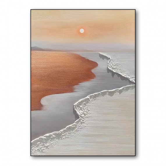 Textured Coastal Sunset Oil Painting - Neutral Toned Seaside Landscape 3D Wave Contemporary art for Home Deco