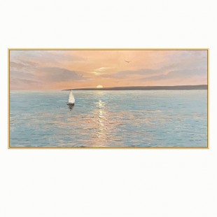 The Empty Ocean-Serene Sunset Seascape Oil Painting with Sailboat, Nautical Art for Home Decoration
