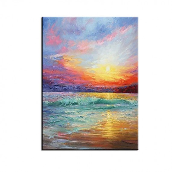 The Golden Hour-Vibrant Sunset Ocean Wave Oil Painting, Seascape Art for Home Decoration