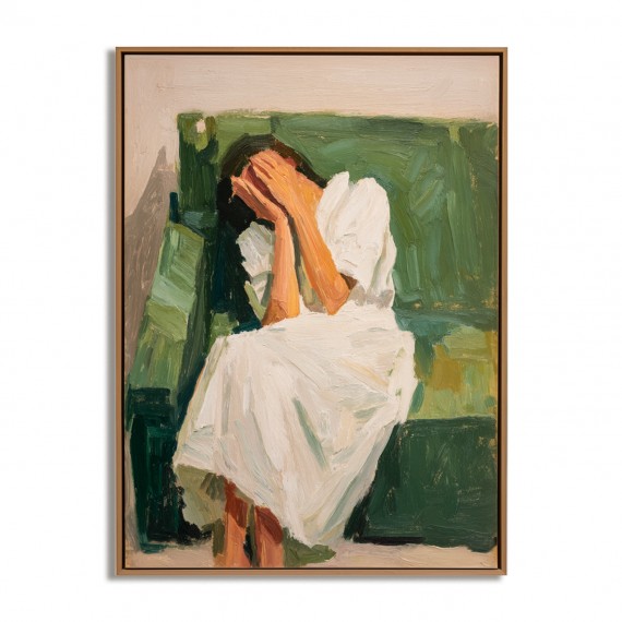 The Silence – Emotional Figurative Oil Painting of Woman in White on Green Sofa