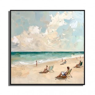 Tranquil Beach Moments-Impressionist Beach Oil Painting: People Relaxing on Sandy Shore