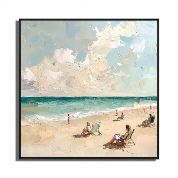 Tranquil Beach Moments-Impressionist Beach Oil Painting: People Relaxing on Sandy Shore
