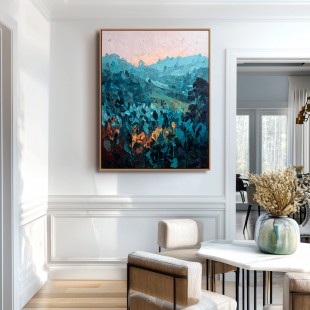 Twilight Hills – abstract Mountain Painting with Orange Accents -Landscape Textured Teal Canvas Wall Art