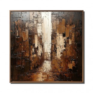 Urban Depth: Textured Urban abstract Cityscape Oil Painting - Brown Gold Tones, Modern Wall Art for Luxe Interiors