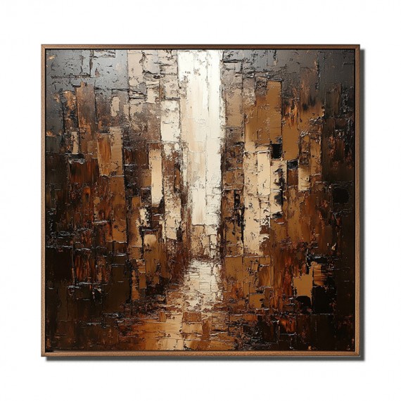Urban Depth: Textured Urban abstract Cityscape Oil Painting - Brown Gold Tones, Modern Wall Art for Luxe Interiors