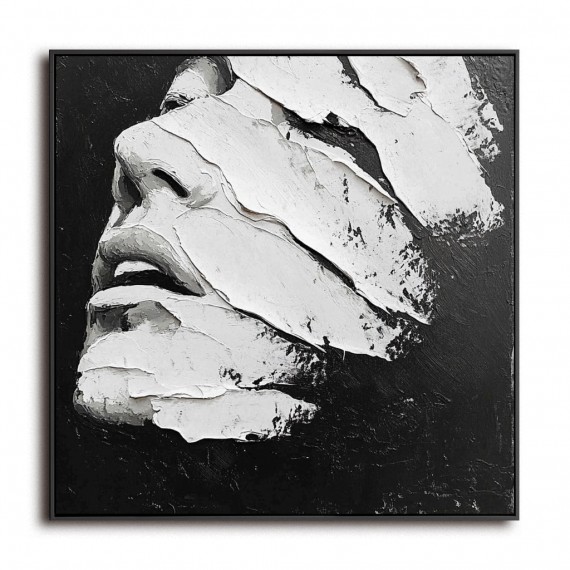 Veiled Expression: Black White abstract Textured Portrait Wall Art - 3D Modern Framed Decor