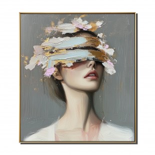 Veiled Perception-Woman with Blindfold Eye Cover, Gold Pink Brushstrokes Contemporary Oil Painting