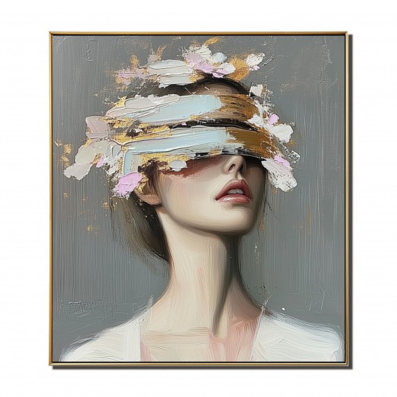 Veiled Perception-Woman with Blindfold Eye Cover, Gold Pink Brushstrokes Contemporary Oil Painting