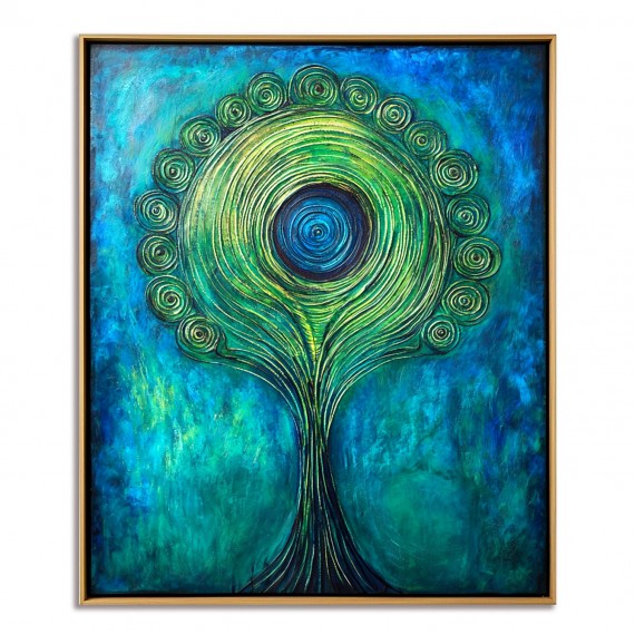 Verdant Halo - Textured Blue and Green abstract tree Oil Painting