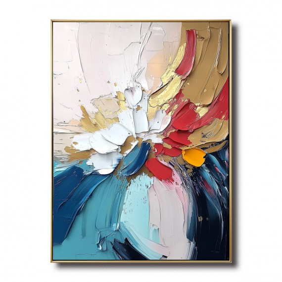 Vivid Bloom - abstract Colorful Floral Oil Painting, Thick Textured Wall Art with Gold Accents for Home Decor