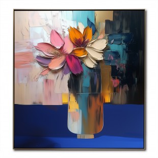 Vivid Essence-Impasto Floral Still Life Oil Painting - Vibrant Multicolored Blooms in Vase with Gold Accents, Framed Square Wall Art for Living Room & Bedroom Decor