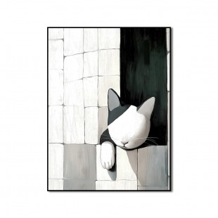 Wallflower Nap - Minimalist Cat Wall Art Black and White Cat in abstract Tiled Space
