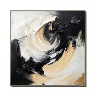 Whirlwind Elegance-Black Gold White abstract Swirl Wall Art - Framed 3D Textured Minimalist Decor