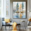 Whispering Reflections-Modern abstract Landscape Oil Painting - tree Reflections in Water, Blue-Gray Tones with Warm Yellow Accents, Serene Nature Wall Art for Living Room & Bedroom Decor
