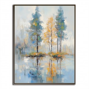 Whispering Reflections-Modern abstract Landscape Oil Painting - tree Reflections in Water, Blue-Gray Tones with Warm Yellow Accents, Serene Nature Wall Art for Living Room & Bedroom Decor