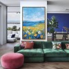 Whispers of Summer - Blue Lake and Yellow Field Floral Painting Textured Summer Landscape Art