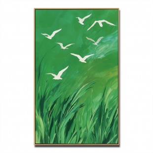 Whispers of the Wind - Green abstract Canvas with Flying White Birds Nature Wall Art