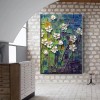 White Flowers on Blue-Textured Impasto Oil Painting, abstract White Floral Art for Home Wall Decor