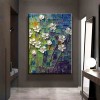 White Flowers on Blue-Textured Impasto Oil Painting, abstract White Floral Art for Home Wall Decor