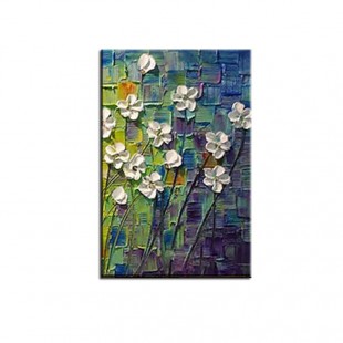 White Flowers on Blue-Textured Impasto Oil Painting, abstract White Floral Art for Home Wall Decor