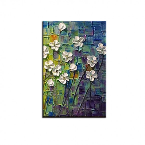 White Flowers on Blue-Textured Impasto Oil Painting, abstract White Floral Art for Home Wall Decor
