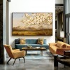 White tree Landscape Painting – Textured Hand-Painted Canvas Wall Art with Mountain View for Modern Living Room Decor