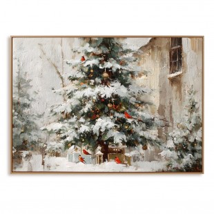 Winter Serenade - Christmas tree Oil Painting with Cardinals, Snowy Holiday Canvas Wall Art