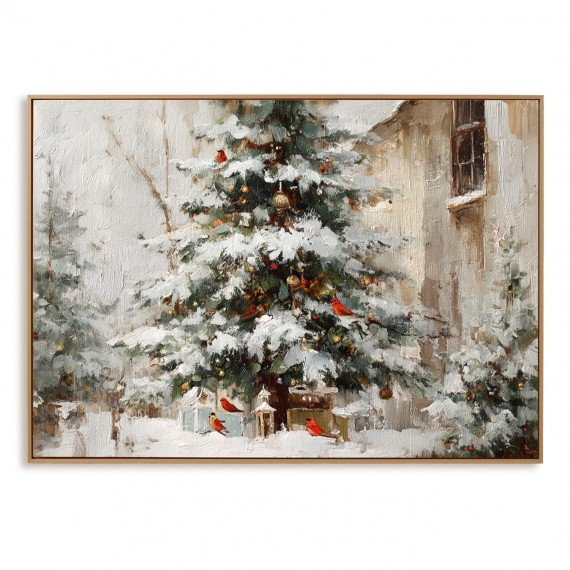 Winter Serenade - Christmas tree Oil Painting with Cardinals, Snowy Holiday Canvas Wall Art