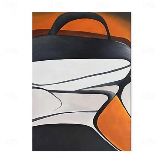 abstract Vertical Canvas Wall Art: Black, White & Orange Curved Geometric Shapes Decor for Modern Interiors